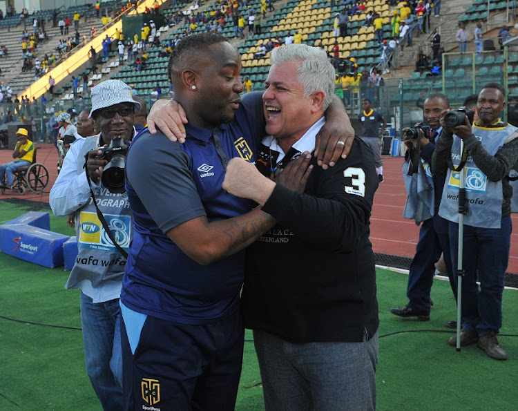 Benni McCarthy coach of Cape Town City and Chairman John Comitis during the MTN8 Semi Final 2nd Leg match between Mamelodi Sundowns and Cape Town City on the 02 September 2018 at Lucas Moripe Stadium.