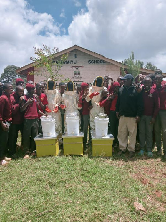 Students of environment club in Gatamaiyu High School in Kagwe, Larisub county when they received beekeeping equipment from Tendo Apiaries.