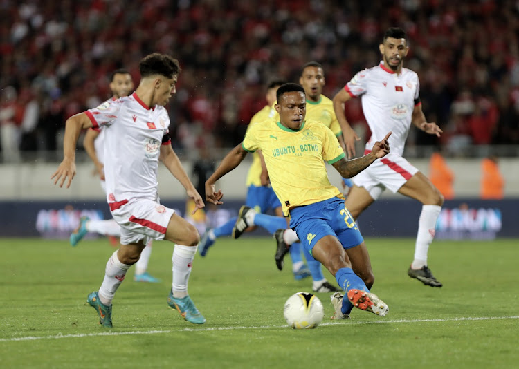 Abdellah Haimoud of Wydad challenges Grant Kekana of Mamelodi Sundowns during the 2023 African Football League match in Morocco on Sunday