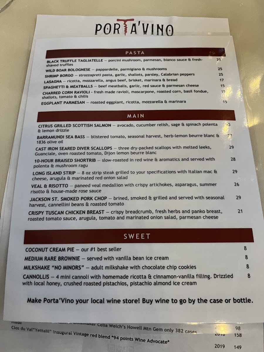 Porta'Vino gluten-free menu