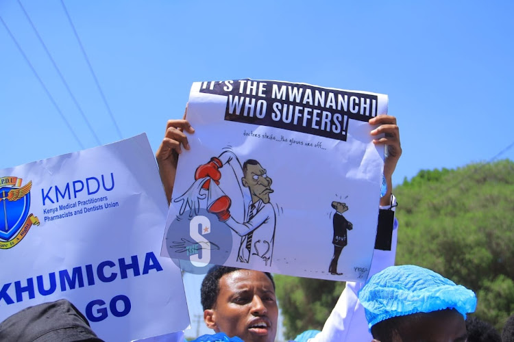 Doctors demonstrate along Ngong road to ministry of Health over the posting of interns on March 22, 2024.