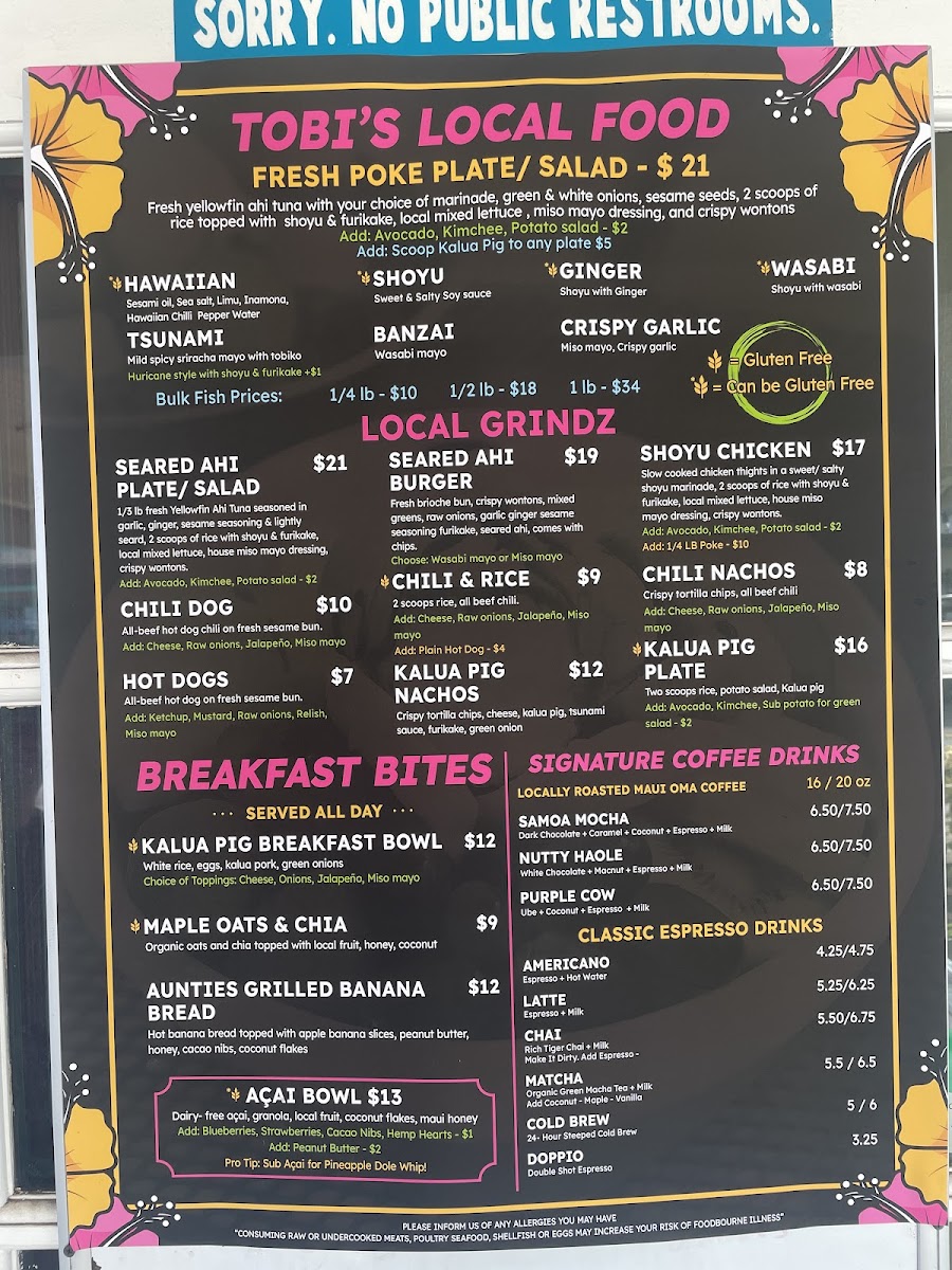 Tobi's Poke & Shave Ice gluten-free menu