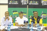 NEW COURSE: ANC  political school head  Tony Yengeni is flanked by  spokesman Jackson Mthembu and secretary-general  Gwede Mantashe at a political education meeting for the party's NEC members outside Pretoria yesterday. PHOTO: SIBUSISO  MSIBI