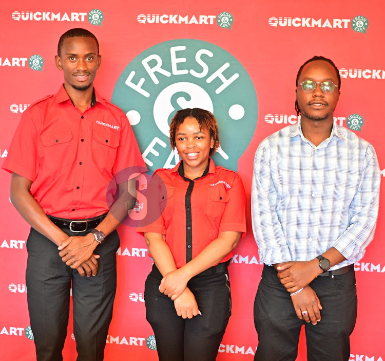 Quickmart staff Samwel, Phoebe, and Andrew during the celebration at Radio Africa Group, Lions Place.