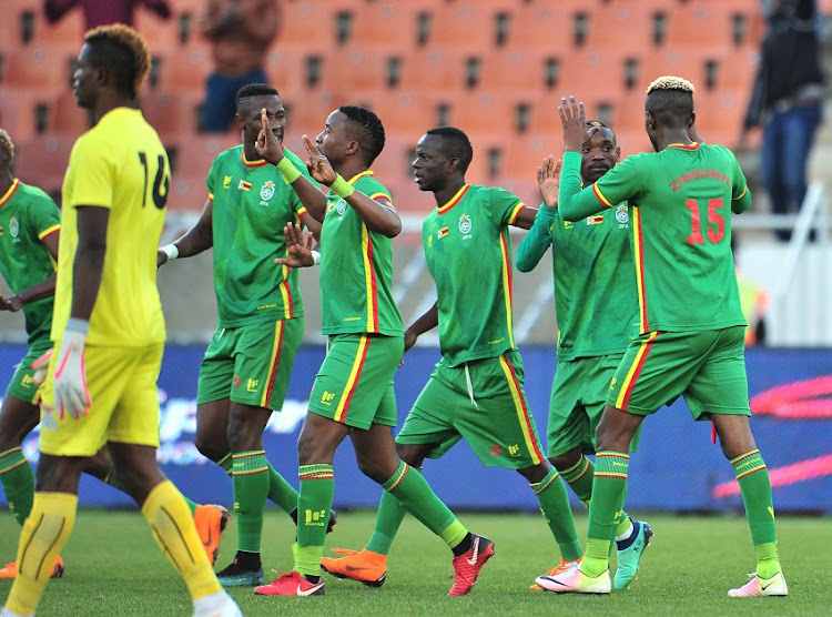 Khama Billiat of Zimbabwe celebrates goal with teammates scoring a penalty during the 2018 COSAFA Cup final match between Zambia and Zimbabwe at Peter Mokaba Stadiuml, Polokwane on 09 June 2018.