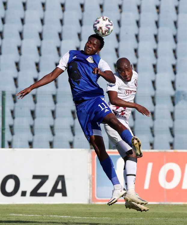 Mogakolodi Ngele of Tshakhuma FC challenged by Thabo Matlaba of Swallows FC during the DStv Premiership match between Swallows FC and Tshakhuma FC at Dobsonville Stadium on March 07, 2021 in Johannesburg, South Africa.