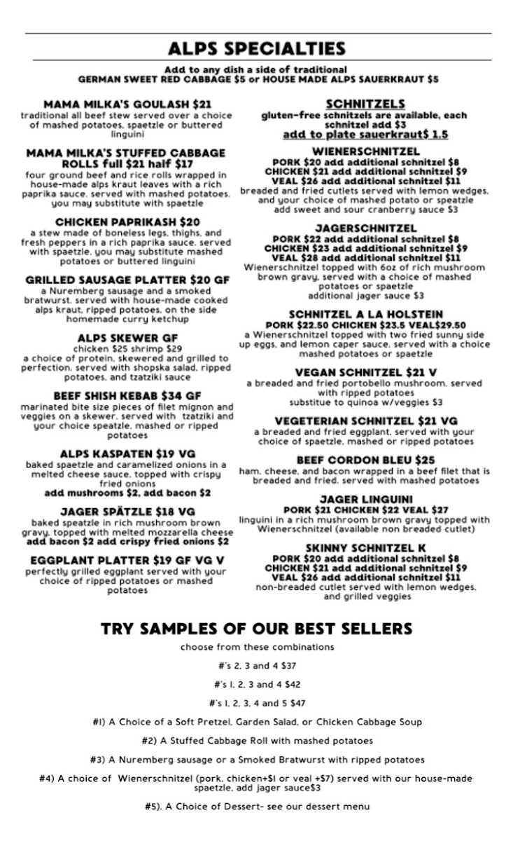 Alps Village gluten-free menu