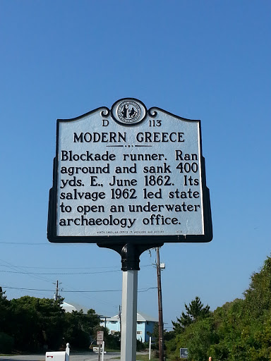 Blockade runner. Ran aground and sank 400 yds. E., June 1862. Its salvage 1962 led state to open an underwater archaeology office.Plaque via North Carolina Highway Historical Marker Program, and...