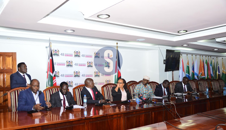 Concil of Governors chairperson Anne Waiguru leads other governors during a press briefing on Doctors strike at the Council of Governors offices in Nairobi on March 27,2024