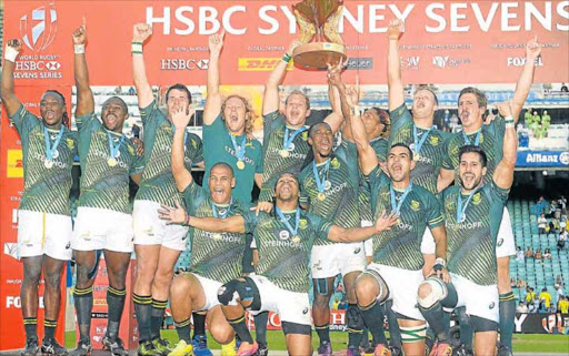 SWEET REVENGE: South Africa celebrate their victory after winning the men’s final match between England and South Africa in the 2017 HSBC Sydney 7s at Allianz Stadium yesterday in Sydney, Australia GETTY IMAGES