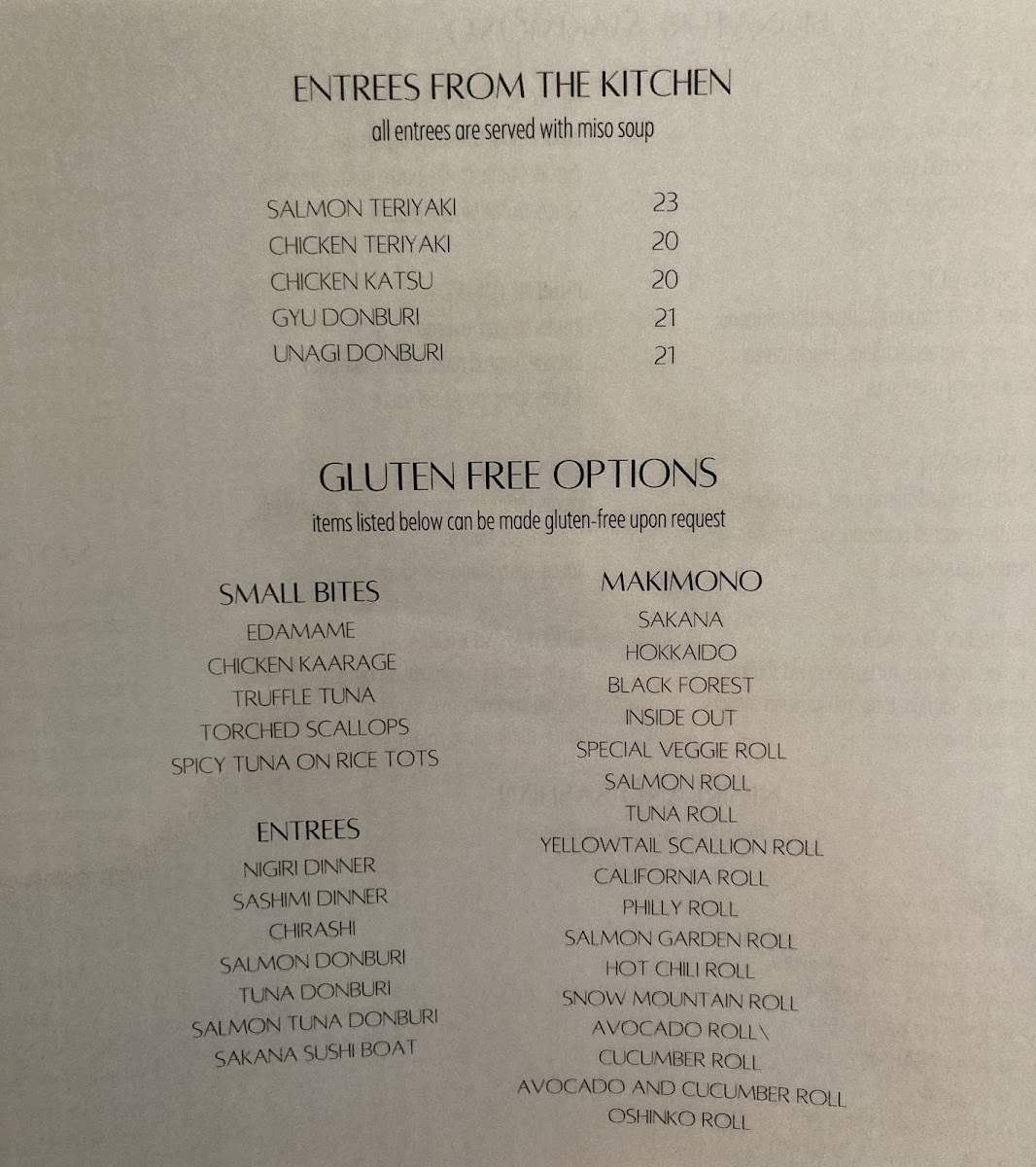 Gluten free menu
