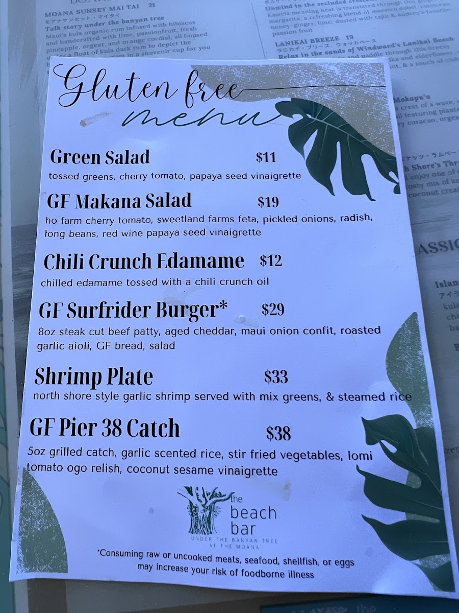 The Beach Bar gluten-free menu