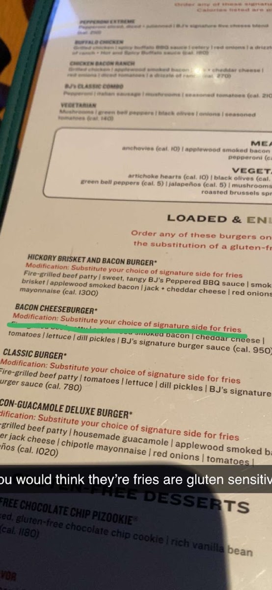 BJ's Brewhouse gluten-free menu
