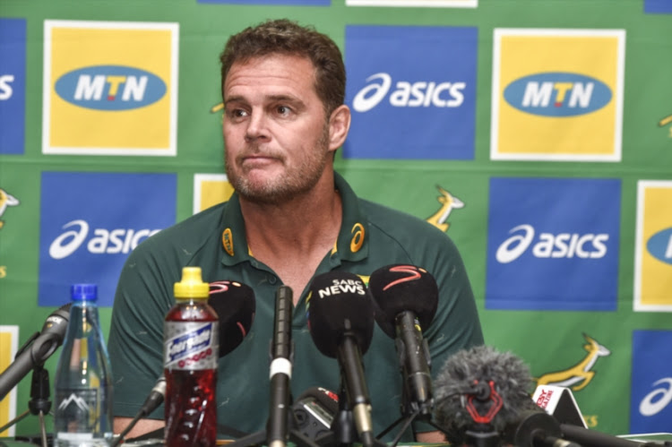 Rassie Erasmus couch of South Africa during the South African national mens rugby team announcement at Southern Sun on October 04, 2018 in Pretoria, South Africa.