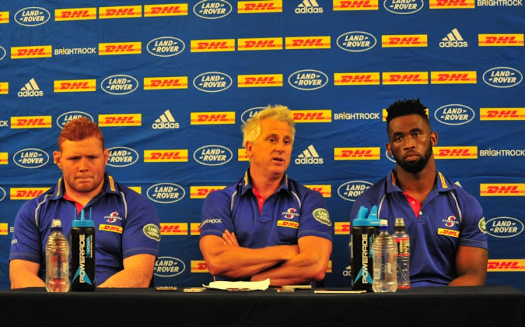 Steven Kitshoff, Robbie Fleck (Head Coach) and Siya Kolisi during the DHL Stormers Training Session and Press Conference at DHL Newlands on February 08, 2018 in Cape Town, South Africa.