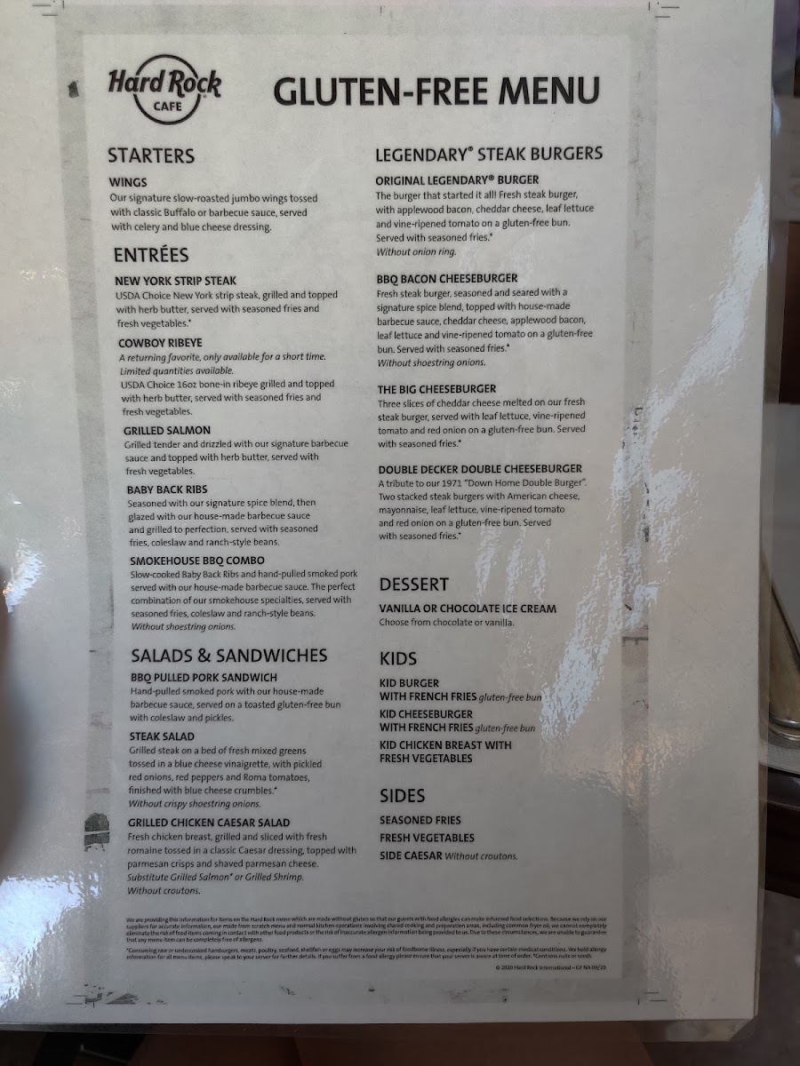 Hard Rock Cafe gluten-free menu