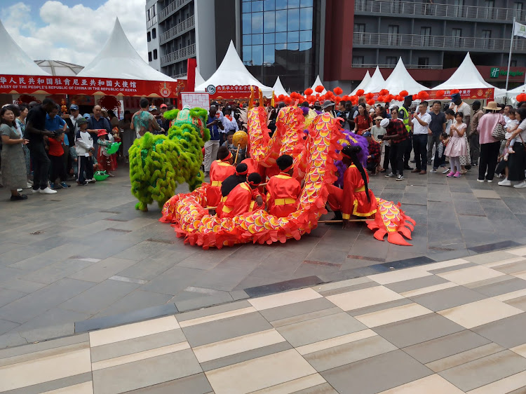 UoN Confucius Institute students performing the lion dance during the 2024 Nairobi Chinese New Year Gala at Two Rivers Mall on February 10, 2024.