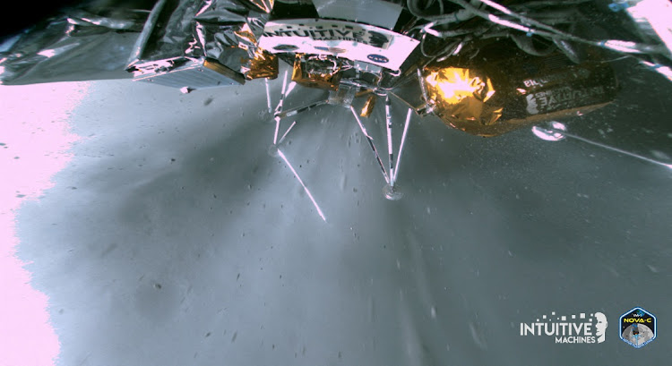 The landing strut of Intuitive Machines' Odysseus lunar lander absorbs first contact with the lunar surface during its landing at the Malapert A site on the Moon, as the liquid methane and liquid oxygen engine continues to throttle February 22, 2024. Picture: INTUITIVE MACHINES/HANDOUT via REUTERS