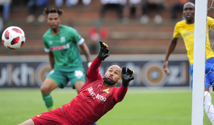 Mamelodi Sundowns goalkeeper Reyaad Pieterse saves a shot at goal during the Absa Premiership match against AmaZulu at King Zwelentini Stadium in Umlazi on September 15 2018.