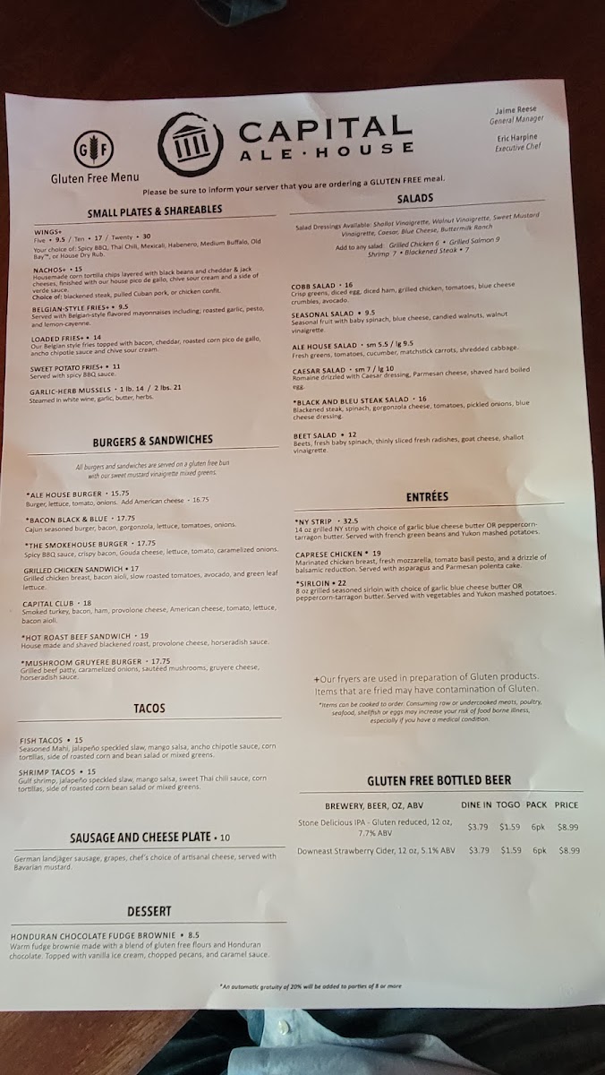 Capital Ale House gluten-free menu