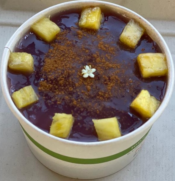 Mazamorra - Purple corn pudding topped with pineapple and cinnamon. Gluten Free.