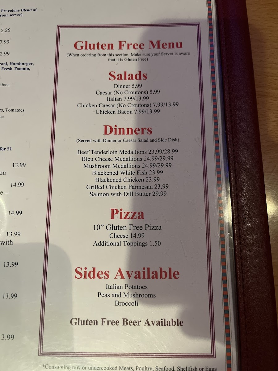 Massa's gluten-free menu