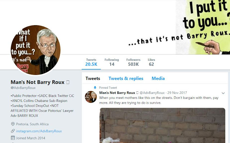 Screenshot of the fake Advocate Barry Roux Twitter account.