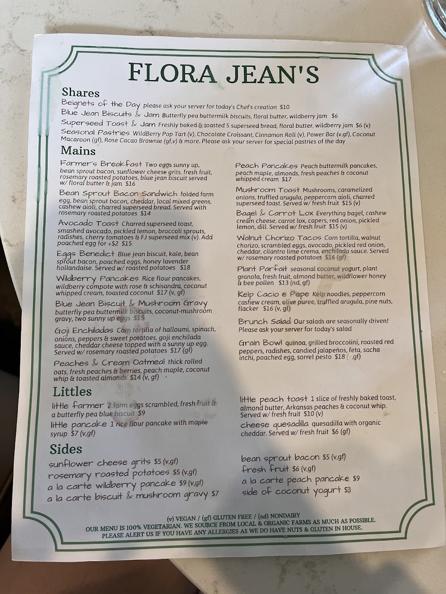 Flora Jean's gluten-free menu