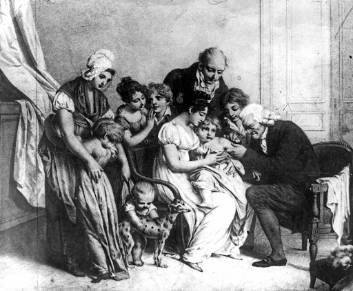 Vaccine inventor Edward Jenner vaccinates his son against smallpox. Some believed the vaccine could engender bovine characteristics in humans.
