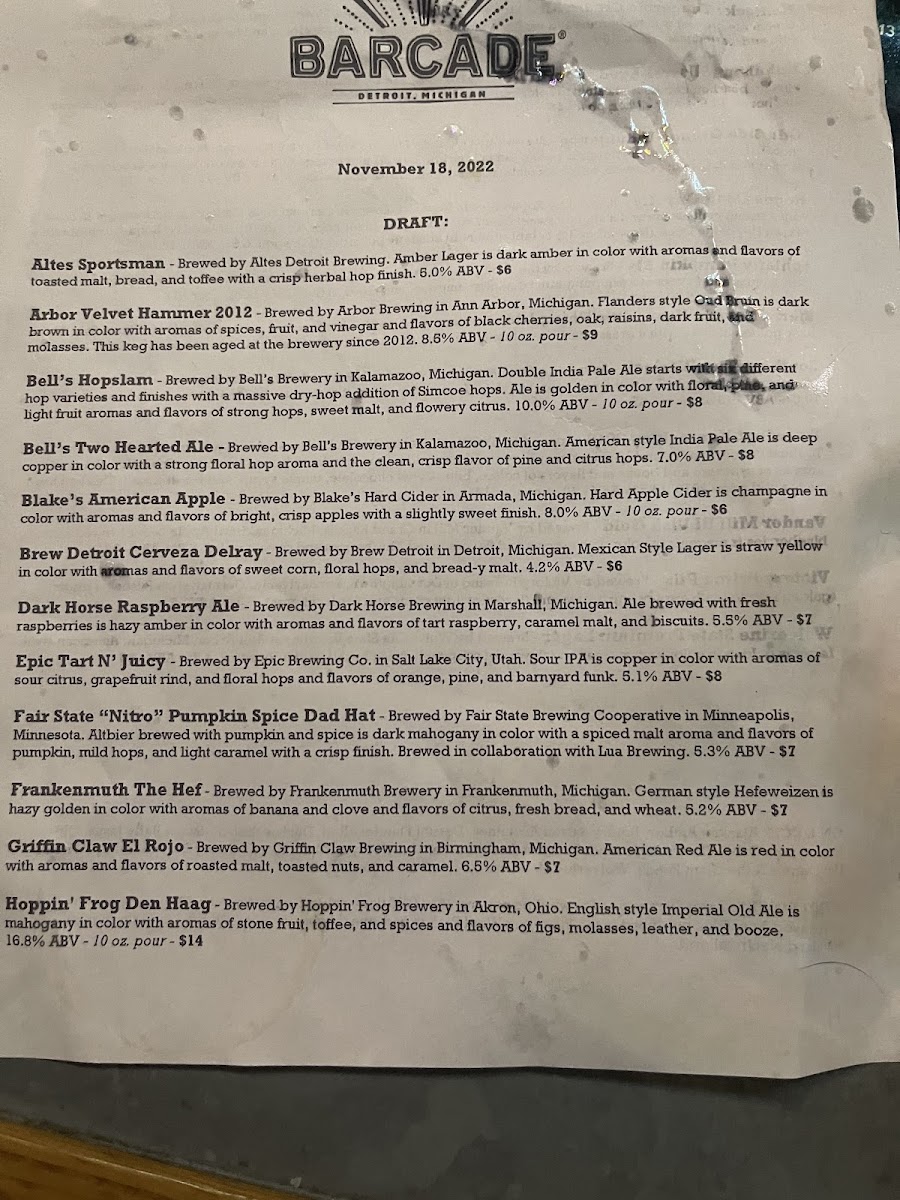 Barcade gluten-free menu