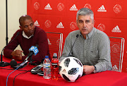 Ari Efstathiou, Chairman of Ajax Cape Town (r) and Shooz Mekutpo (l) addresses the media during the Ajax Cape Town press conference at Ajax Cape Town, Ikamva, Cape Town on 17 July 2018.