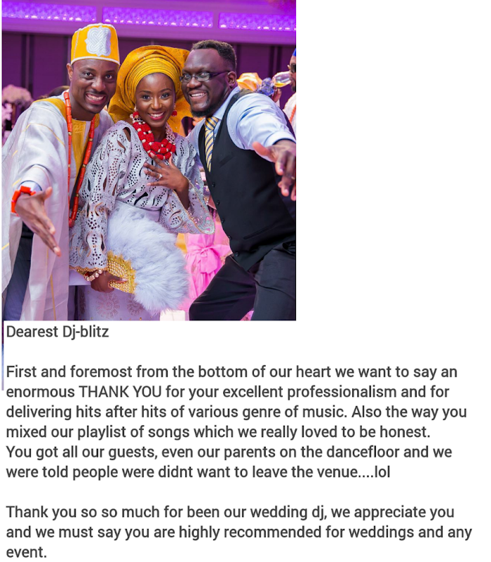 TESTIMONIAL | NIGERIAN WEDDING DJ, NIGERIAN DJ, WEDDING DJS, LONDON AND MC SERVICES FOR ALL EVENTS