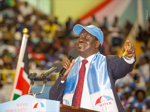 Cord leader Raila Odinga during the Wiper National Delegates’ Convention in Kasarani, Nairobi, on Tuesday /EMMANUEL WANSON