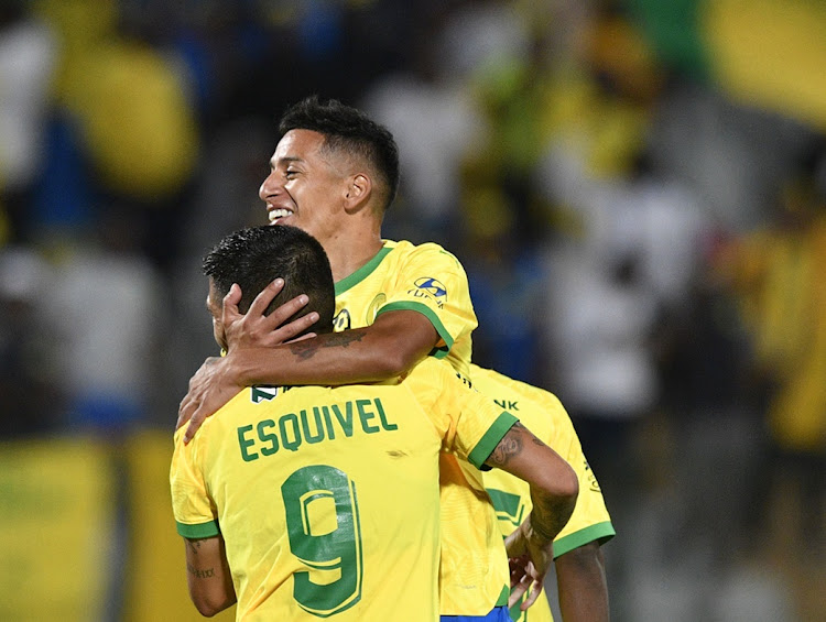 Gaston Sirino celebrates one of his three goals for Mamelodi Sundowns in their Nedbank Cup last 32 match against La Masia at Dobsonville Stadium on Tuesday night. Picture: SYDNEY MAHLANGU/BACKPAGEPIX