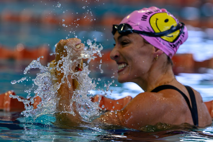 Tatjana Smith celebrates winning the women's 50m breaststroke at the national championships in Gqeberha on Monday.