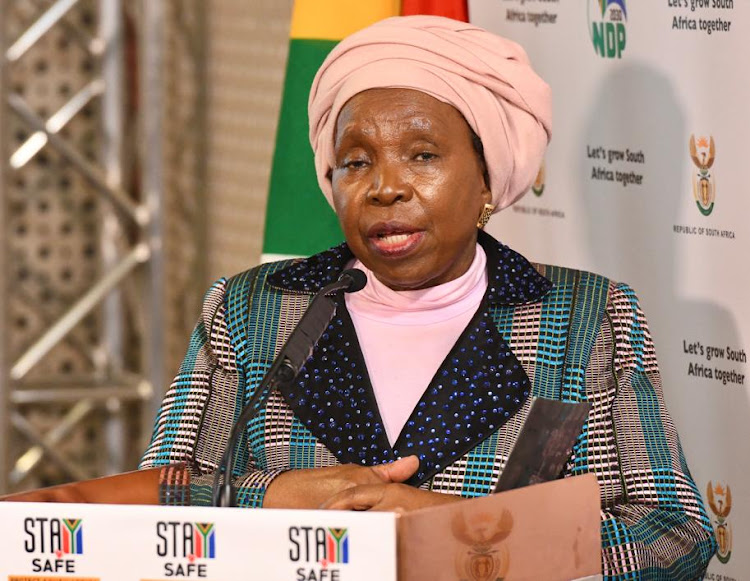 Cogta minister Nkosazana Dlamini-Zuma at Thursday's briefing to announce the new level 3 regulations.