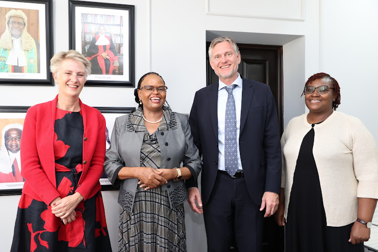 Sweden Ambassador Caroline Vicini, Chief Justice Martha Koome, Danish Ambassador to Kenya Ole Thonke and IDLO country manager Teresa Mugadza on Monday, January 30,2023.