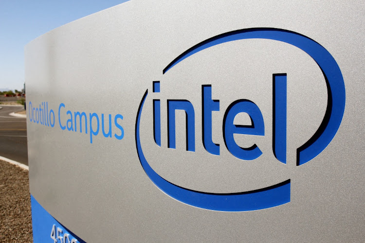 The logo for the Intel Corporation is seen on a sign outside the Fab 42 microprocessor manufacturing site in Chandler, Arizona, on October 2 2020. File Picture: REUTERS/Nathan Frandino