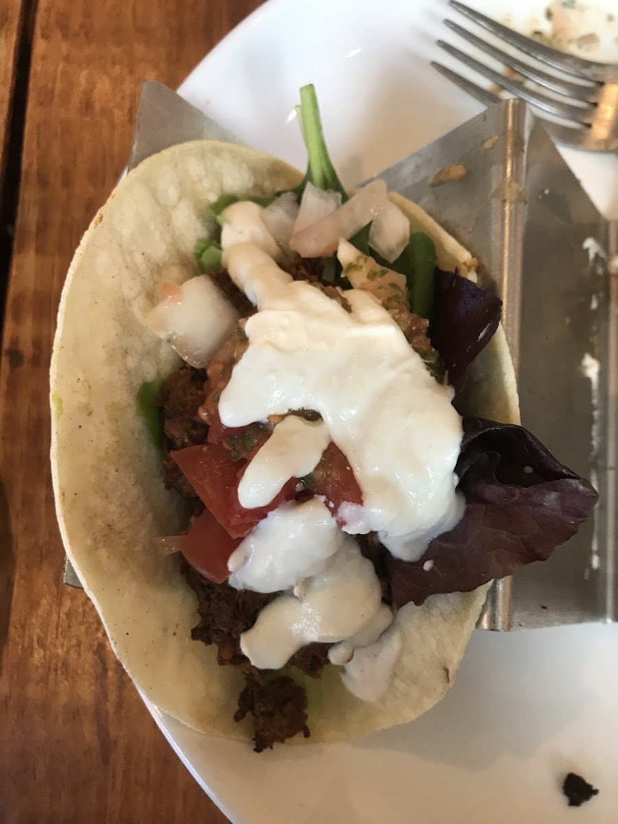 The food is so good I didn’t think to take a photo and I already ate 2 out of three tacos. Most of their vegan items are not soy. This was a vegan taco meat with walnuts and beans.
