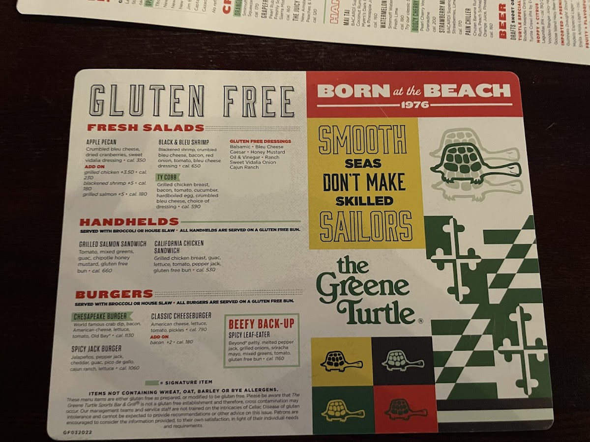 The Greene Turtle gluten-free menu