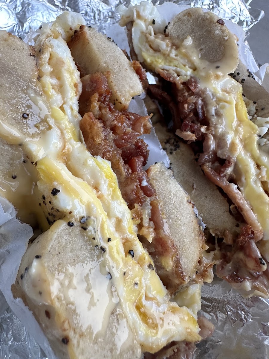 Bacon, egg, and cheese on everything gf bagel