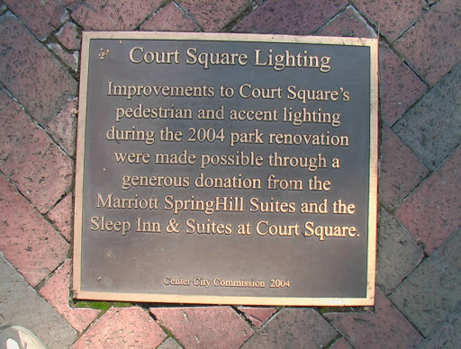 Improvements to Court Square's pedestrian and accent lighting during the 2004 park renovation were made possible through a generous donation from the Marriott SpringHill Suites and the Sleep Inn &...