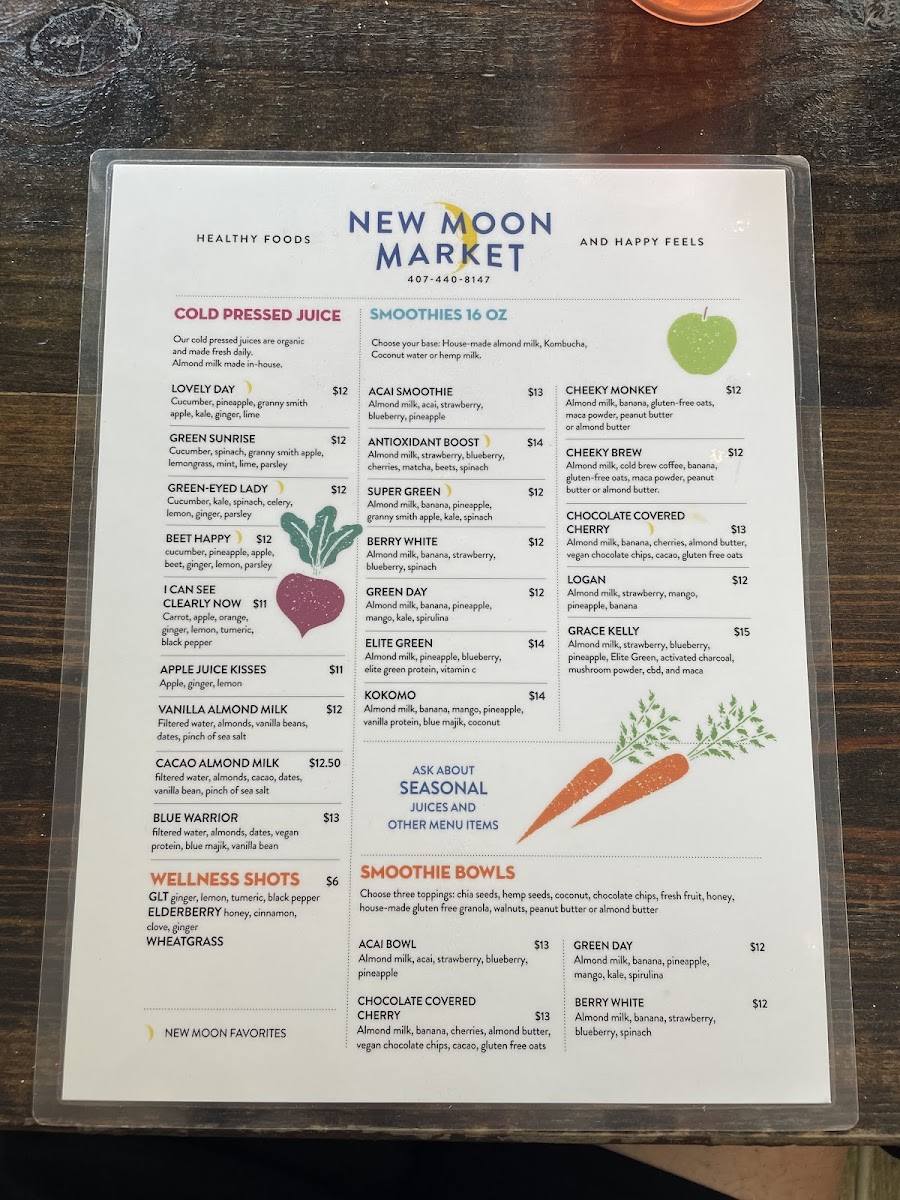 New Moon Market Juice Bar gluten-free menu