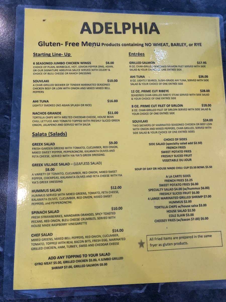 Adelphia Sports Bar & Grille gluten-free menu