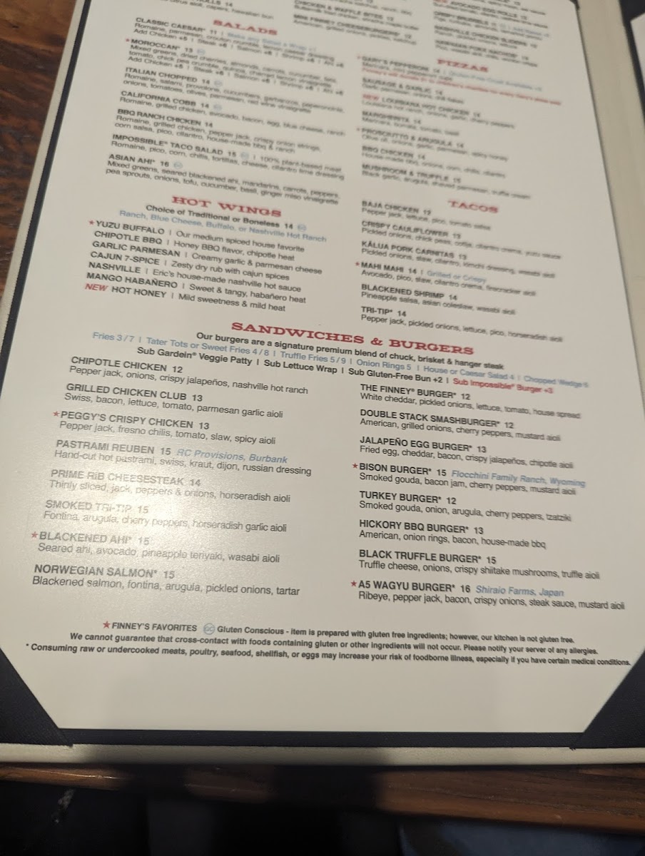 Finney's Crafthouse gluten-free menu