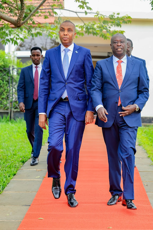 Deputy President Rigathi Gachagua with Somalia Prime Minister Hamza Abdi Barre for bilateral talks at his Karen residence on May 7, 2024.