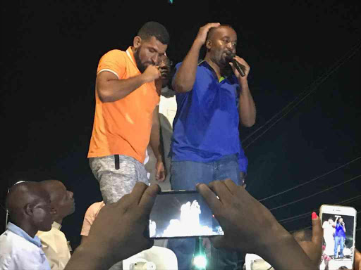 MPs Abdulswamad Nassir (Mvita) and Rashid Bedzimba (Kisauni) and Mombasa Governor Hassan Joho address supporters after their release from Mombasa CID headquarters, January 13, 2017. /ELKANA JACOB