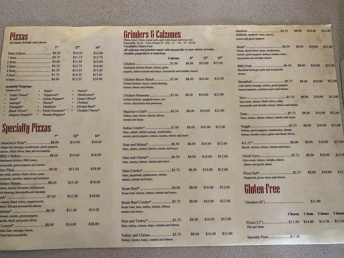Mancino's Pizza and Grinders gluten-free menu