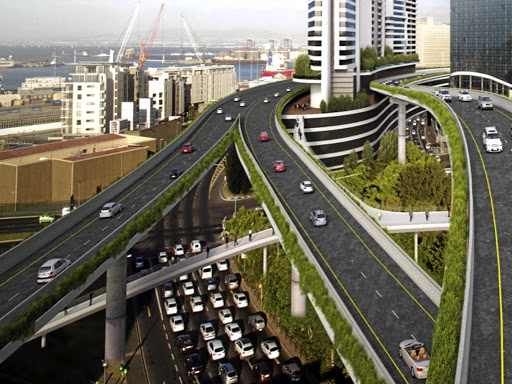 An artist's impression shows how the completed Foreshore freeways will wind over and between skyscrapers.