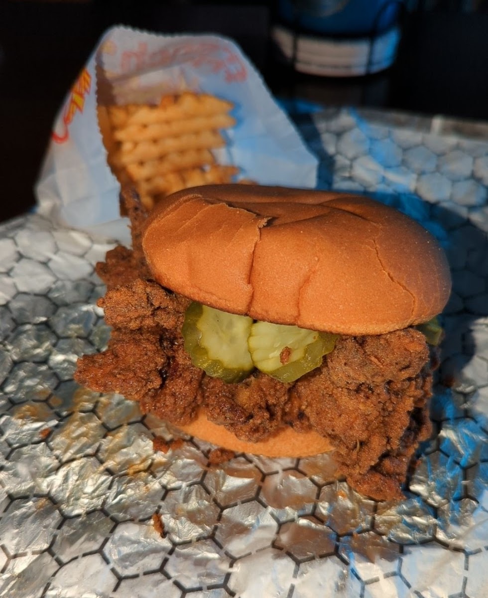 fried chicken sandwich with waffle fries